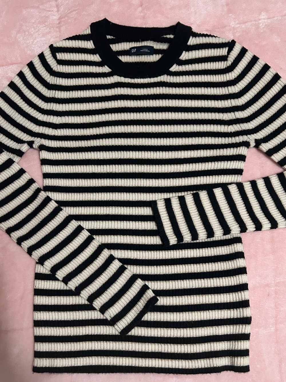 GAP Striped Black, Cream, Gold Ribbed Long-Sleeve Sweater L